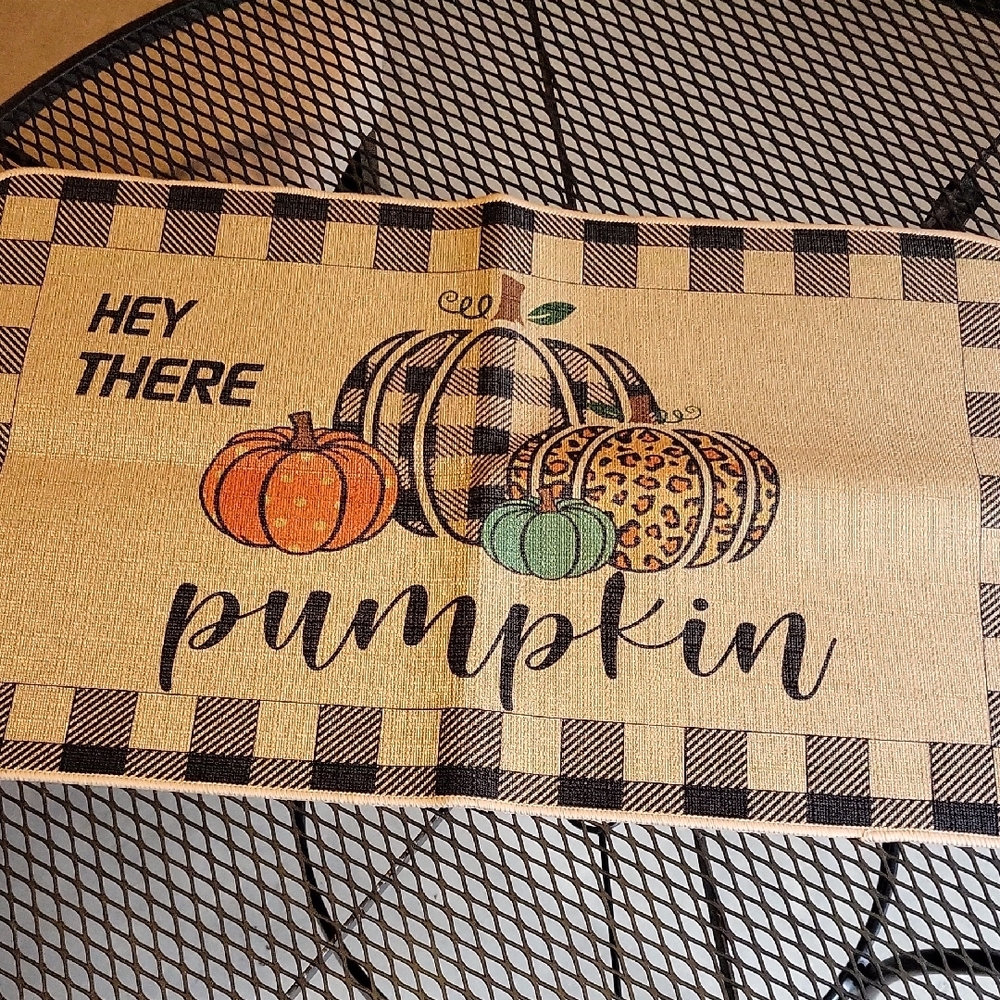 Black and Orange Pumpkin Door Mat with Autumn Accents